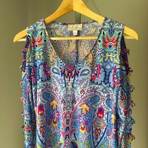 Paisley MIDI Jersey Dress Sleeve Cut Outs Chrome Rings on Sleeve Ivy Lane PS